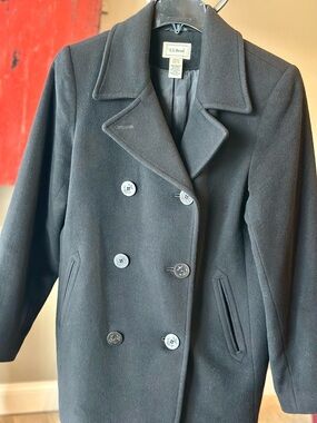 L L Bean Womens Vintage Inspired Blk Dble Breasted Wool Rayon Blend Pea Coat